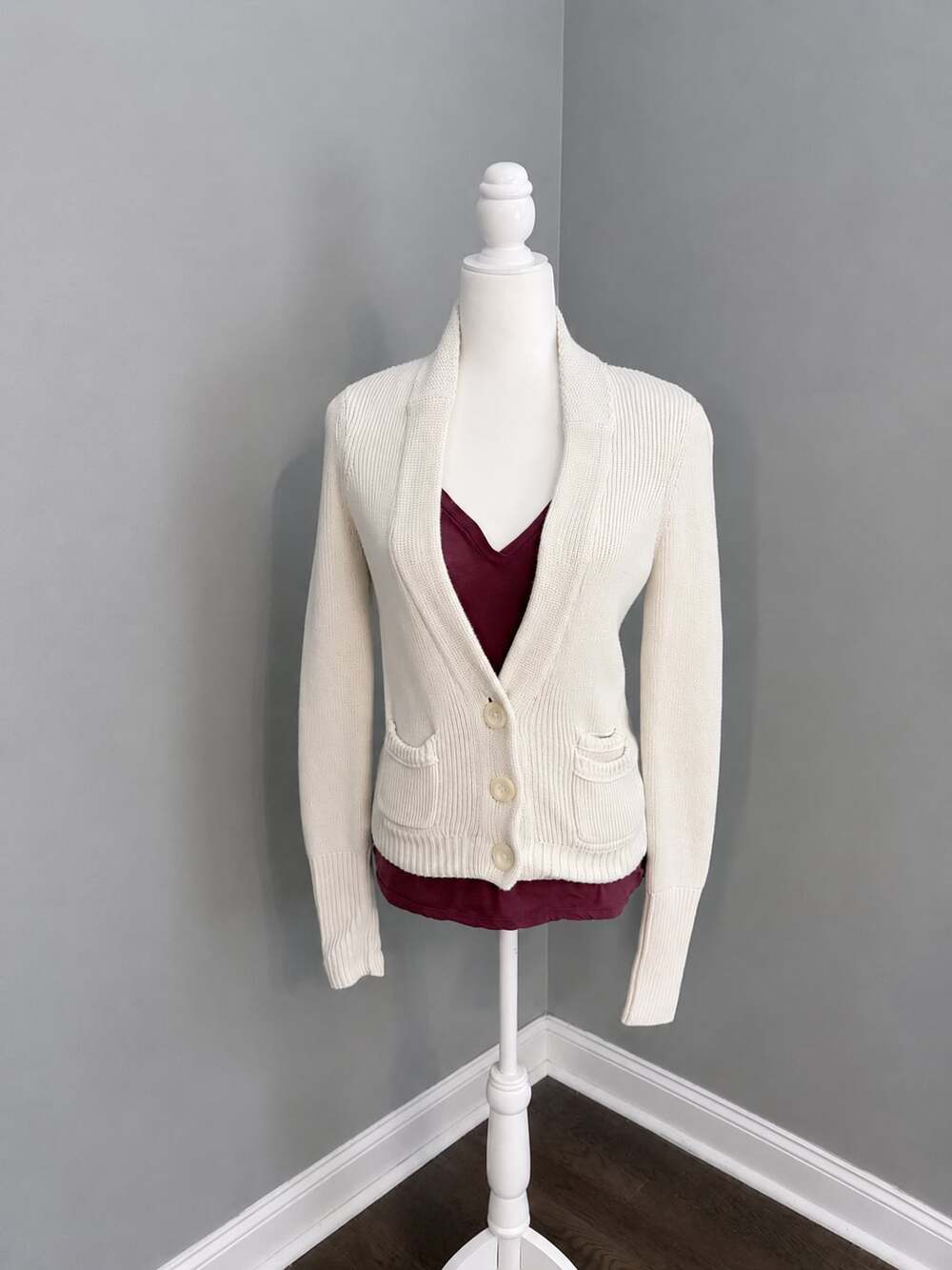 American Eagle Outfitters Women's Cream Shawl Collar Button-Down Cardigan